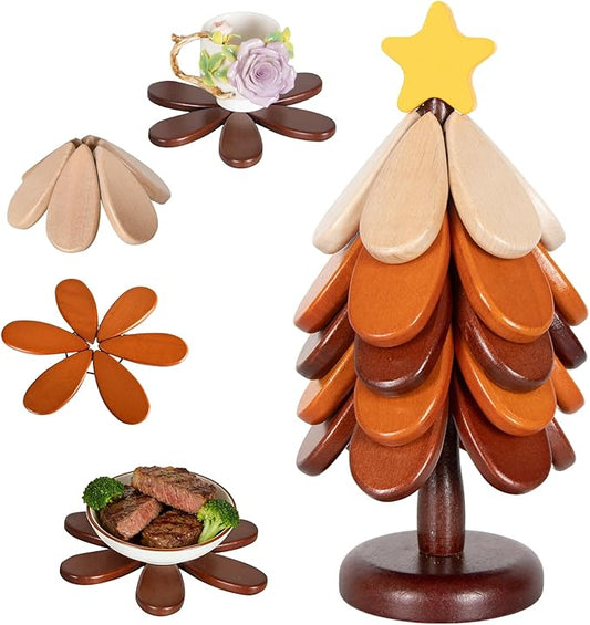 SENIG 5 PCS Tree Trivet Wooden Coasters for Hot Dishes, Wooden Tree-Shape Coaster Sets for Drink, Coffee Table, Kitchen Room Decor(Star)