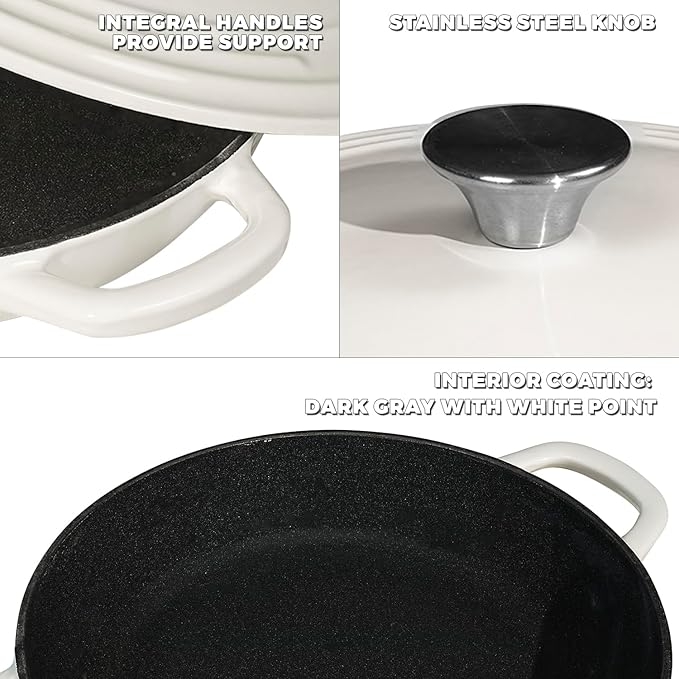 Flavehc Braiser Enameled Cast Iron Braiser 2.25 qt Braiser Pan with Lid White Shallow Cast Iron Casserole Braiser Pan with Handels