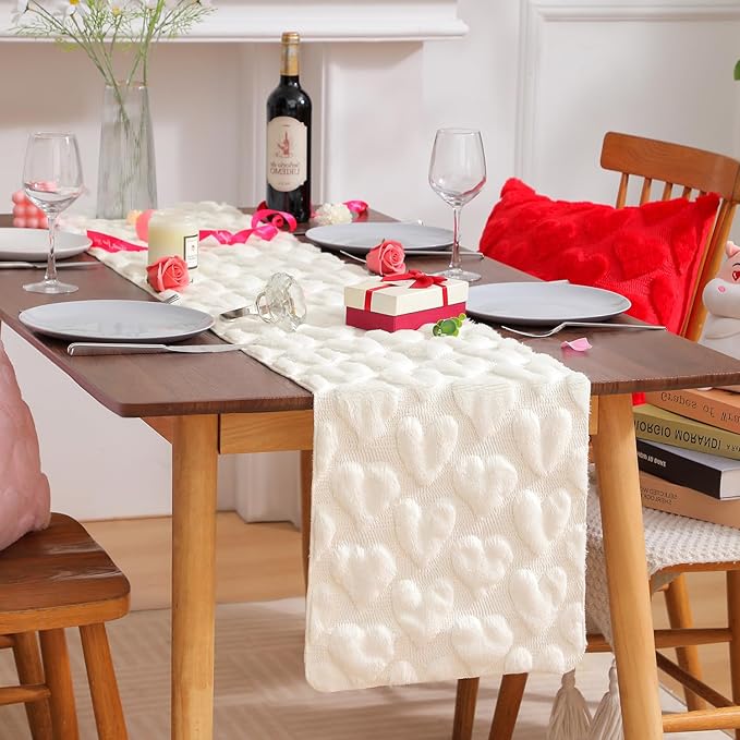 Table Runner 13x72 Inch for Valentine's Day, 3D Heart Shape Winter Holiday Decorative Farmhouse Table Decorations for Kitchen Dinning, Indoor Outdoor Dinner Party Decor (White)
