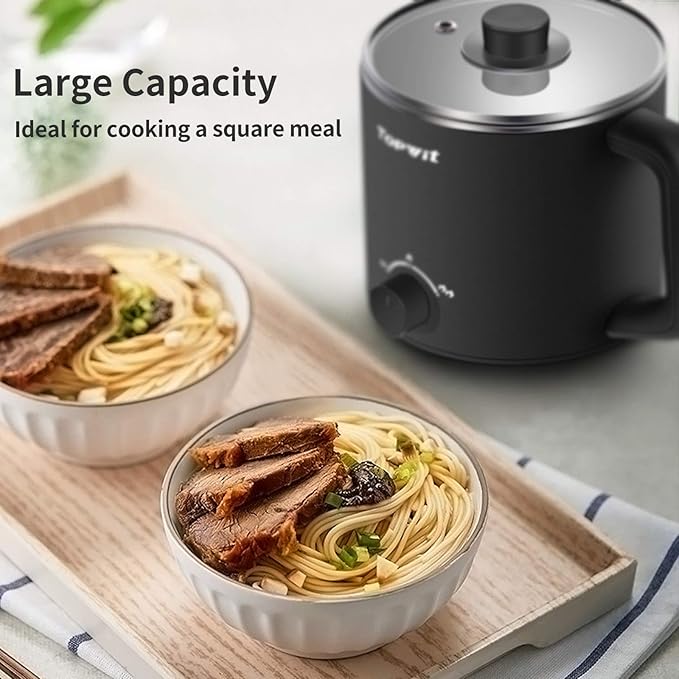 Topwit Hot Pot Electric, Electric Pot, 1.6L Ramen Cooker, Multifunctional Cooker for Pasta, Shabu-Shabu, Oatmeal, Soup and Egg with Over-Heating Protection, Boil Dry Protection, Black