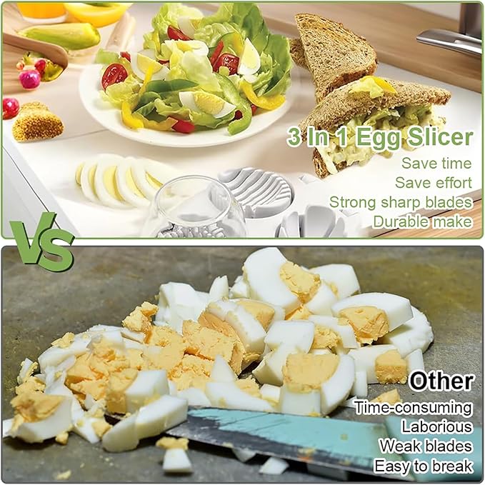 3 in 1 Egg Slicer for Hard Boiled Eggs with Cleaning Brush, Multipurpose 3-Way Cutter with 3 Slice Modes, Heavy Duty, Hard Boiled Egg Cutter & Fruit Slicer, Dishwasher Safe (White)