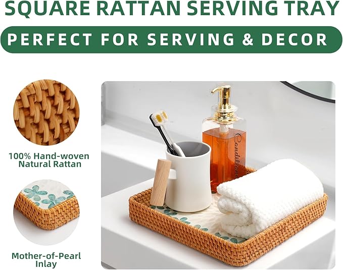 1 pcs Rectangle Rattan Serving Tray with Mother of Pearl Inlay, Decorative Wicker Tray for Coffee, Bread, Fruits, Elegant Table Decor for Living Room & Dining Room