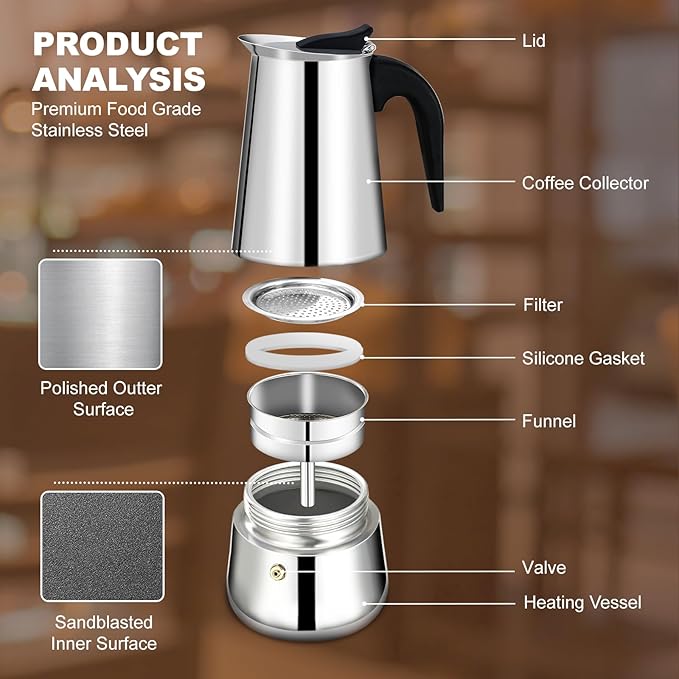 DITOSH 2 Cup Stovetop Espresso Maker Stainless Steel Moka Pot Stove Top Percolator Italian Coffee Makers Capable Mocha Greca Machine Cafe Classic Induction Cookers for Home and Camping 100ml 3.3oz