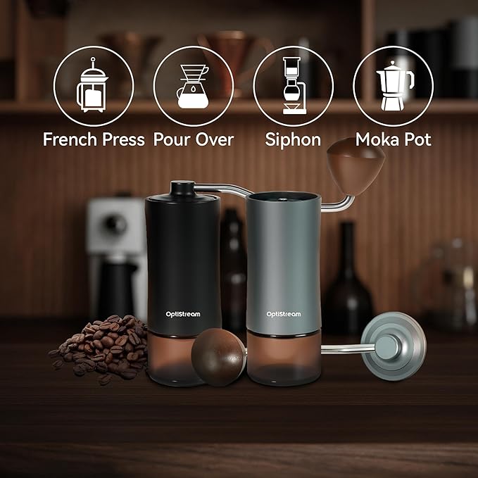 Optistream 6-Burr Manual Coffee Grinder – Easy-Use CNC420 High-Carbon Steel, Gray Aluminum Body & Glass Jar, 25 g Capacity, Slim design for travel