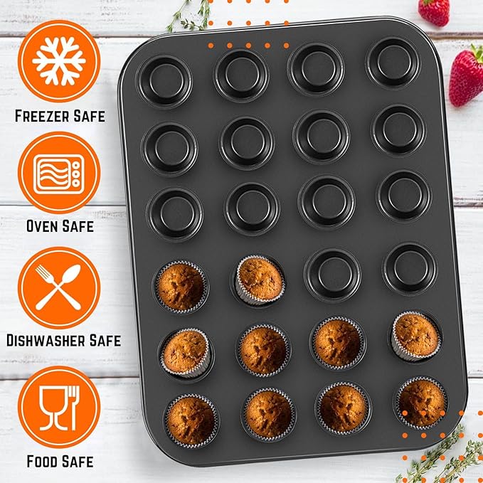 Flexzion Muffin Tray Cupcake Baking Pan 2 Pack, 24-Cup Nonstick Carbon Steel Muffin Tins Non-Stick Cupcake Tin Bakeware Accessories for Baking Cupcakes Muffin Brownies Snacks, Easy Clean, Fridge Safe