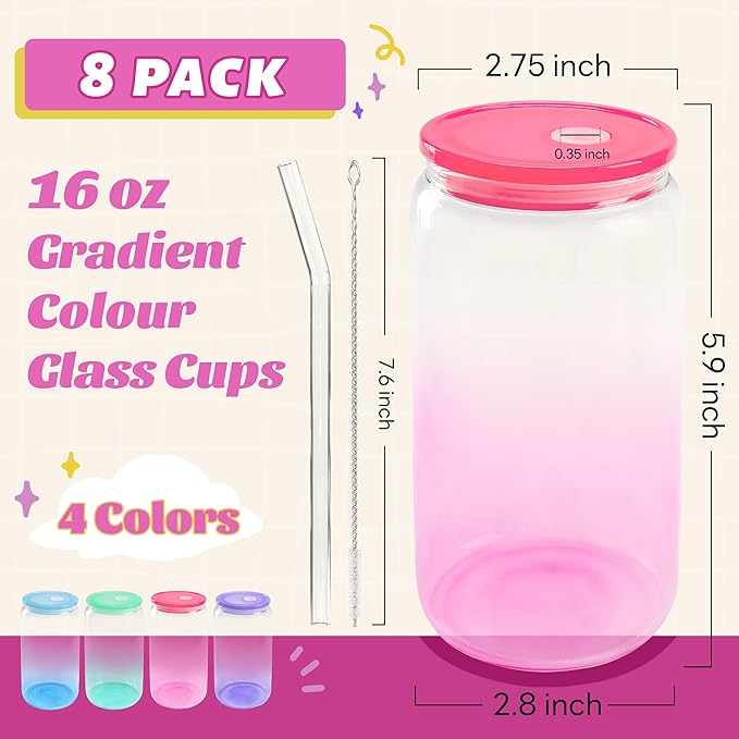 Joyclub 16oz Glass Cups with Acrylic Lids and Straws 8 Set Can Shaped Glass Iced Coffee Cups with Lids, Gradient Drinking Glasses Cute Tumbler Cup Great for Smoothie Soda Boba Tea Cocktail Beer Gift