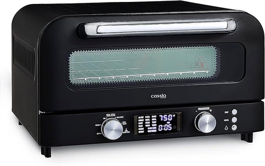 Cassia Countertop Electric Air Fryer Pizza Oven, 12" Capacity, 20L, 1800W, Heats up to 750°F, 16 Presets, Includes Pizza Stone, Peel, Fry Basket, Black