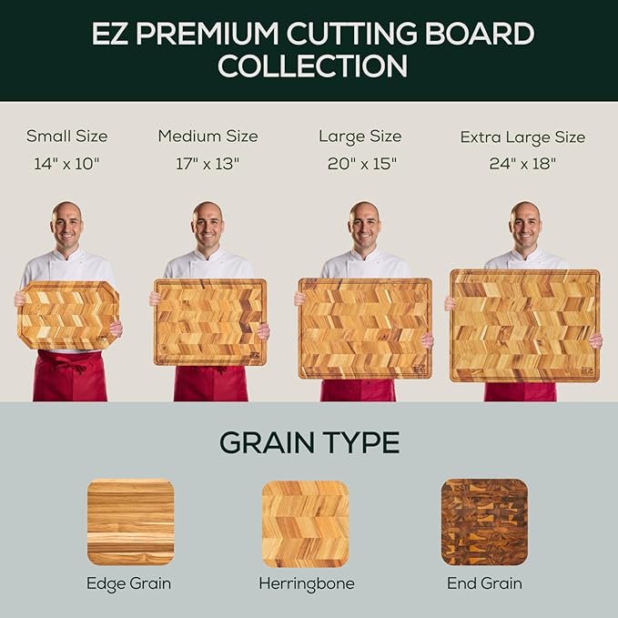 EZ FURNITURE Medium (M) Teak Herringbone Wood Premium Cutting & Serving Board, Knife Friendly, Juice Groove & Handles, Pre-Oiled with Food-Grade Mineral Oil, Non-Toxic (17" x 13" x 1.15", 6.39 lbs)