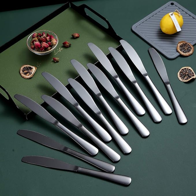 Black Dinner Knives Set Of 12, Berglander Stainless Steel Titanium Plating Shiny Black Dinner Knife, Butter Knife Spreader Table Knives Sturdy And Dishwasher Safe