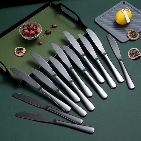 Black Dinner Knives Set Of 12, Berglander Stainless Steel Titanium Plating Shiny Black Dinner Knife, Butter Knife Spreader Table Knives Sturdy And Dishwasher Safe
