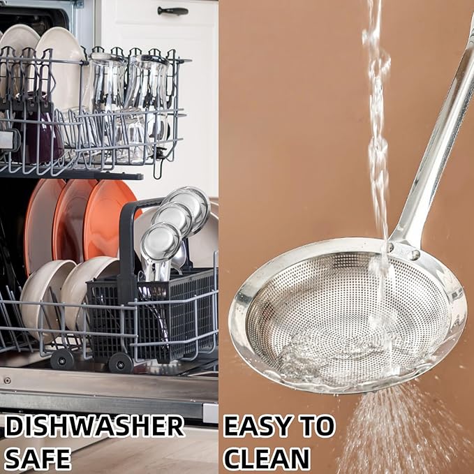 3Pack Fine Mesh Strainer, Metal Flat Skimmer Ladle Colander with Long Handle, Skimmer Cooking Basket for Kitchen food Strainer, Filtering Tea, Matcha, Cocktails, Juice (Small + Medium+ Large)