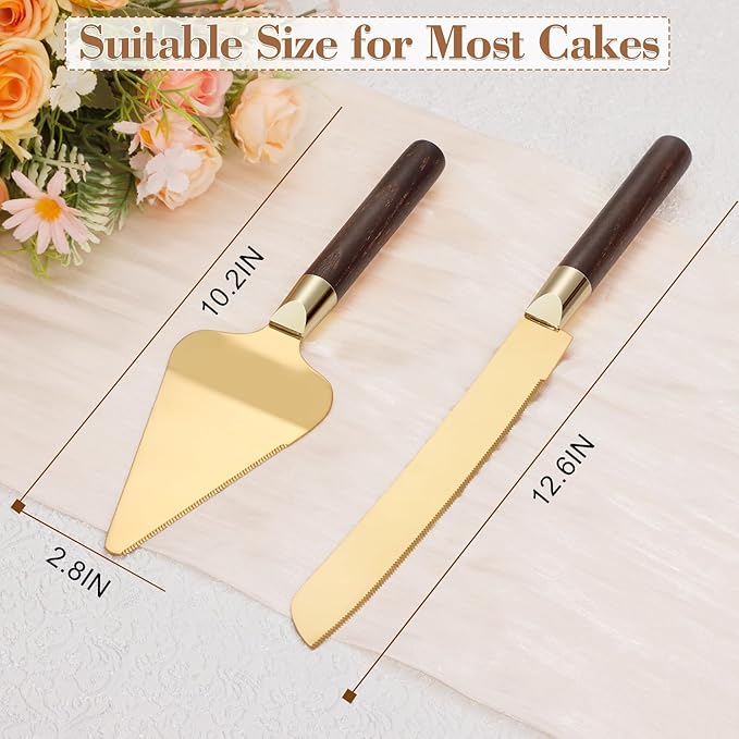 TUKDAK Gold Cake Cutting Set for Wedding, Wood Cake Knife and Server Set, Vintage 2-Piece Pie Cutter Set, Serrated Pizza Dessert Utensils, Bridal Birthday Quinceañera Gift (Walnut color)
