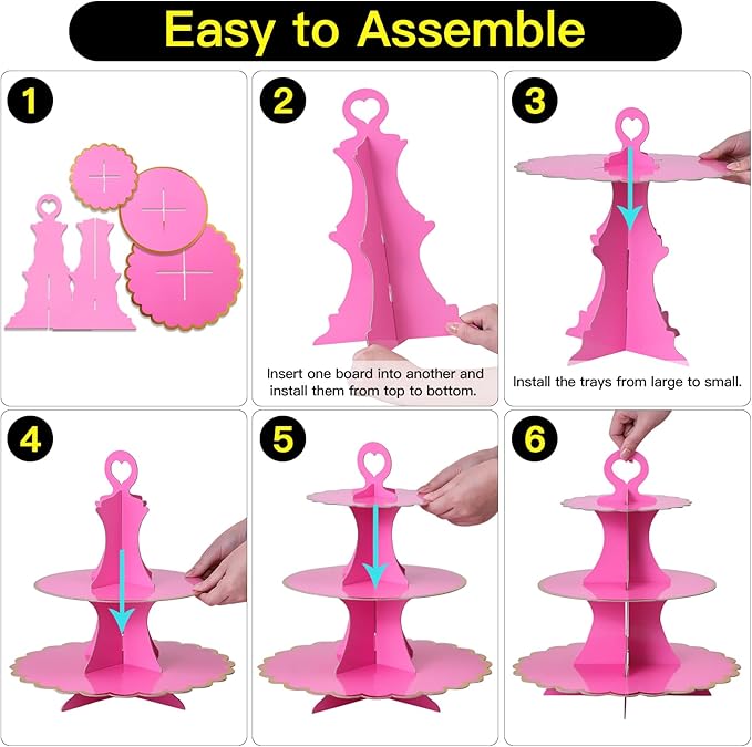 Soleebee 3-Tier Cupcake Stand, Cardboard Cupcake Tower, Cup Cake Stand Tower for Birthday Wedding Party Decoration, Cupcake Tier Stand Fruit Desserts Display 1 Set (Hot Pink Gold)