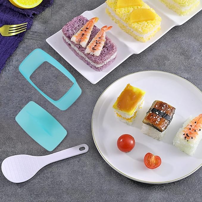 Spam Musubi Mold, 4 Pcs Musubi Maker Kit Spam Slicer Musubi Press Sushi Rice Onigiri Mold Set Egg Cutter for Luncheon Meat Hot Dog Cheese Strawberry Lunch Bento (4pc-Beige/Blue)