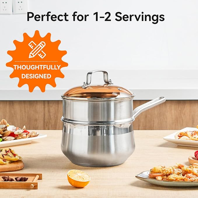 WANGYUANJI 2.5 Quart Stainless Steel Saucepan with Steamer Insert, 2-in-1 Sauce Pot with Lid & Steamer Basket, Tri-Ply Bottom Induction Cookware for Boiling, Soup, Milk, Silver