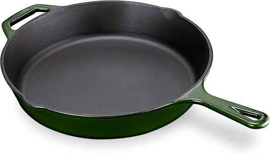 Navaris Enameled Cast Iron Skillet - 12"(30cm) Pre-Seasoned Frying Pan with Helper Handle, Pour Spouts, for Oven, Stovetop, Grill & Campfire, Non-Toxic, Even-Heating, Green