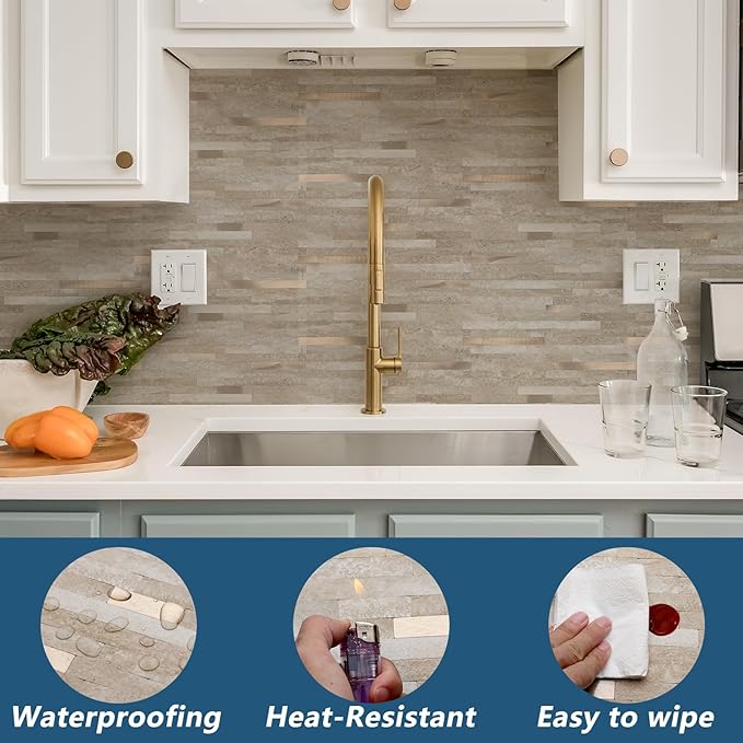 Yipscazo 20 Sheets PVC Wall Tiles Stick on Tiles for Backsplash Kitchen, Bathroom, Laundry Room, Camper, Fireplace (6'' X 12'', Rock)