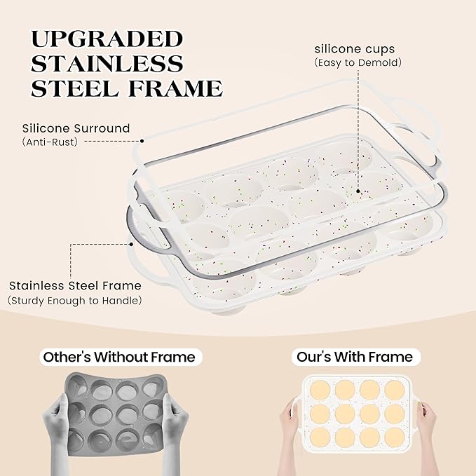 AOTASO 3 Pcs Silicone Baking Pan Set - Including 1 Pc Mini Loaf Pan, Standard Muffin Pan and Mini Muffin Pan - Silicone Cupcake Molds With Metal Reinforced Frame (Cream)