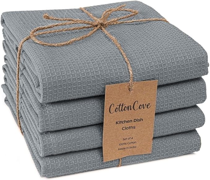 Waffle Kitchen Towels Large 16x26 inch 100% Cotton Set of 4 - Soft Absorbent Washable Tea Towel for Kitchen - Dish Cloths Quick Drying - 320 GSM Quality Dish Towel Grey