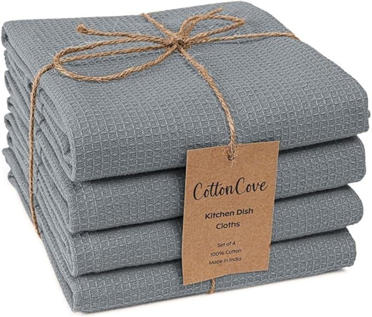 Waffle Kitchen Towels Large 16x26 inch 100% Cotton Set of 4 - Soft Absorbent Washable Tea Towel for Kitchen - Dish Cloths Quick Drying - 320 GSM Quality Dish Towel Grey