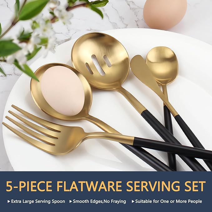 Blackgold Serving Utensils,5 Pieces Hostess Set,Stainless Steel Serving Utensils Set Include Serving Fork,Large Serving Spoon and Serving Slotted Spoons,Sugar Spoons and Butter Knife,Dishwasher Safe