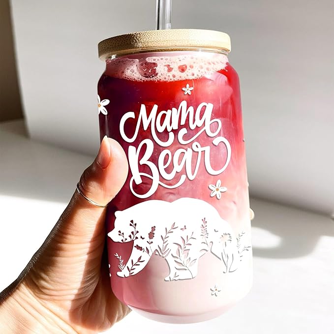 Gifts for Mom - Mama Bear 16 Oz Iced Coffee Cup with Lid and Straw Mom Glass Tumbler Mothers Day Travel Mugs Birthday Valentine Anniversary Christmas Thank You Gift for Women Mum Wife Coworkers