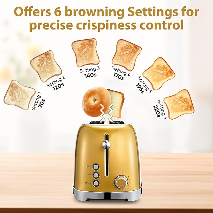 Mouqat Gold 2 Slice Toaster, Wide Slot Stainless Steel, 6 Shade Settings, Bagel, Defrost & Cancel Functions, Removable Crumb Tray, Different Toast Sizes, Cord Wrap, 825w