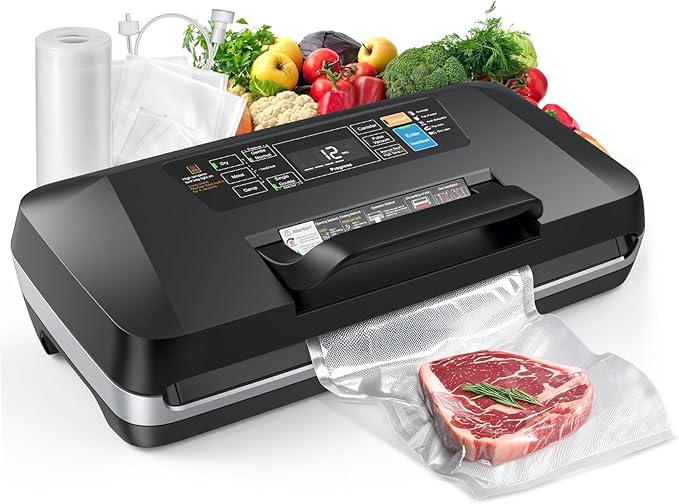 Vacuum Sealer Machine, 95Kpa Powerful Suction System Commercial Full Automatic Vaccum Sealer with Built-in Cutter & Bag Storage, Includes 1 Bag Roll + 10 Pre-cut Bags