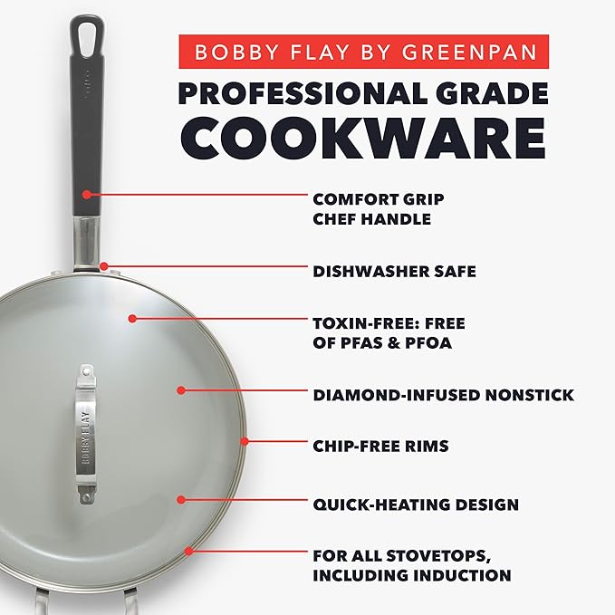 GreenPan x Bobby Flay 4.5QT Nonstick Saute Pan with Glass Lid, PFAS-Free Diamond Ceramic, Induction Suitable, Stay-Cool Silicone Handle, Easy Clean Dishwasher & Oven Safe, Graphite