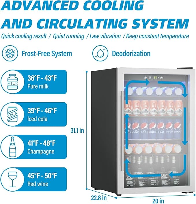 Compact Freestanding Beverage Refrigerator,145 Can/4.5 Cubic Feet Mini Fridge with Reversible Glass Front Door for Soda, Beer or Wine, Under Counter Drink Dispenser with Adjustable Shelves