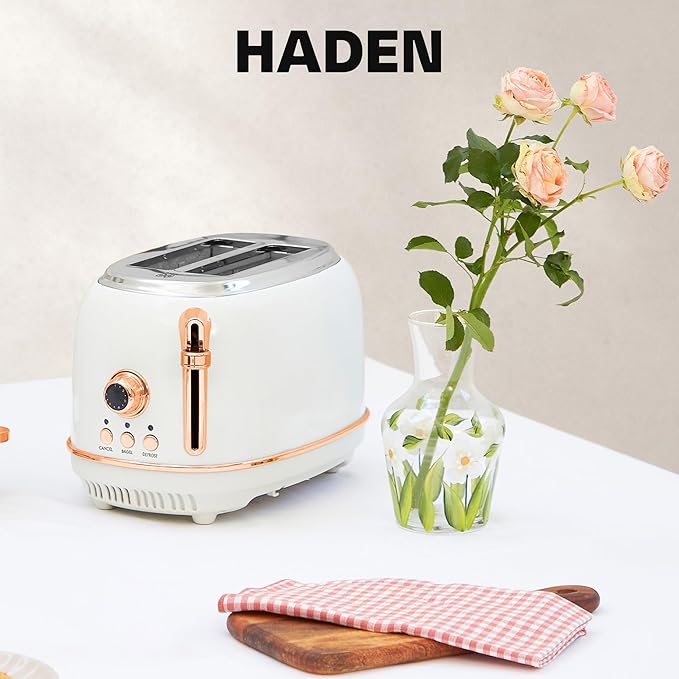 Haden Heritage 2-Slice Wide-Slot Toaster, Stainless-Steel Bread Toaster with Adjustable Browning Control, Crumb Tray & Non-Slip Feet, Ivory & Copper