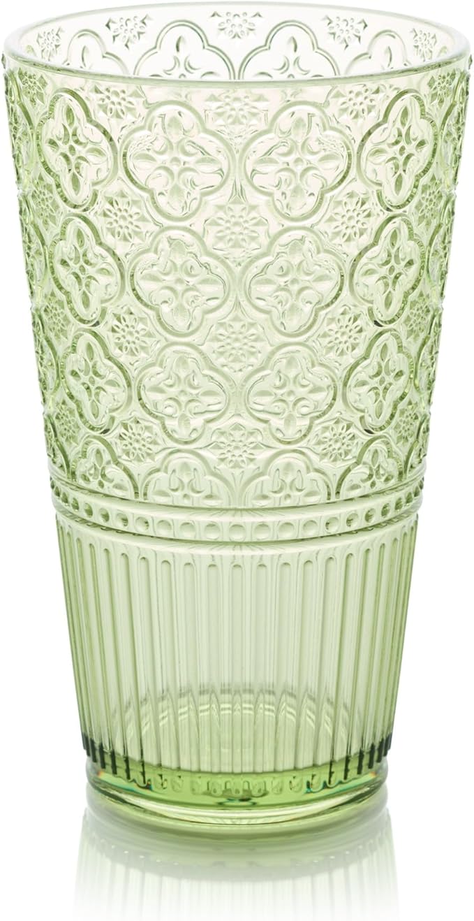 Victoria Green Set of 6 Premium Acrylic Ice Tea Glass 22 oz – Unbreakable Glassware with Elegant Embossed Design, Dishwasher Safe for Indoor & Outdoor Use