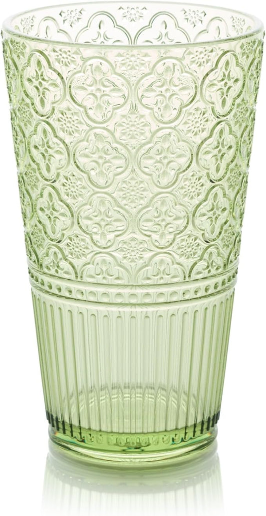 Victoria Green Set of 6 Premium Acrylic Ice Tea Glass 22 oz – Unbreakable Glassware with Elegant Embossed Design, Dishwasher Safe for Indoor & Outdoor Use