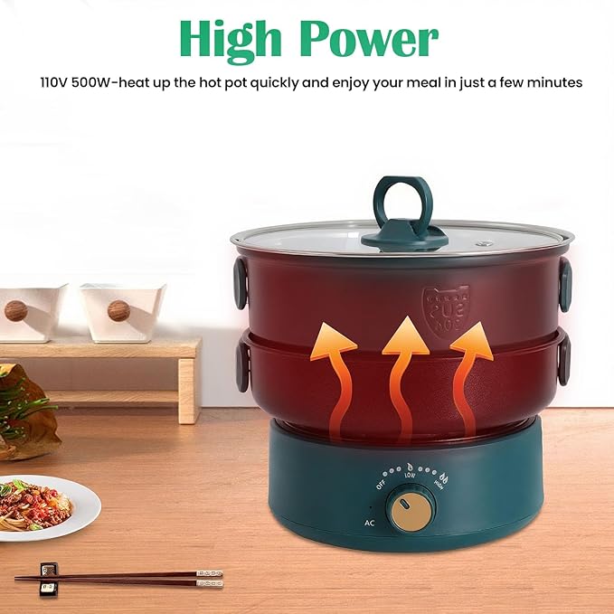 Portable Electric Hot Pot,500W Mini Electric Cooker w/Foldable Handles & Steamer,Non-stick Frying Pan,Multi-Functional Ramen Noodle Cooker Power Adjustment for Steaks,Soup,Pasta (Green)