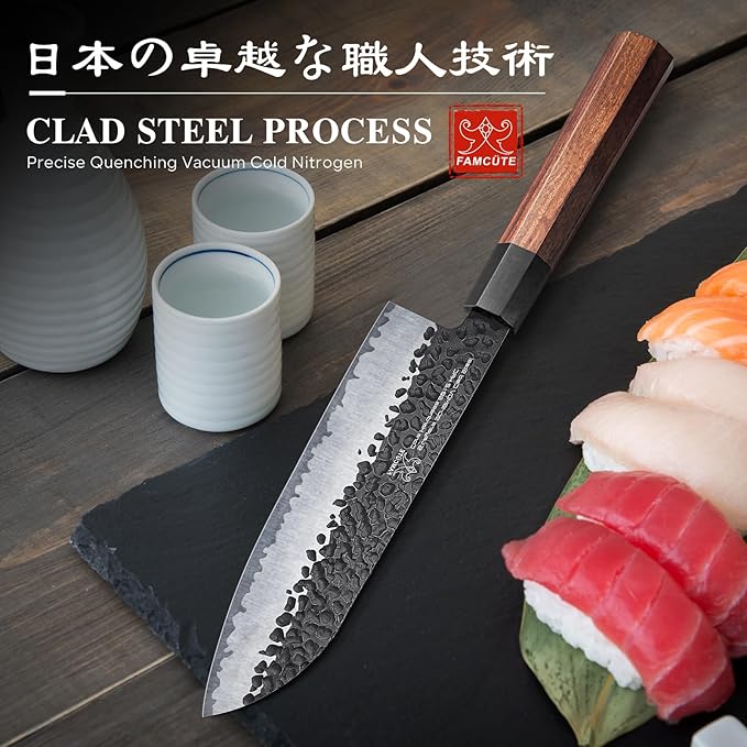 Santoku Knife 7 inch, Hand Forged 5 Layers 9CR18MOV High Carbon Steel Professional Kitchen Knife, Ultra Sharp Rosewood Handle Japanese Sushi Knife As a Thoughtful Christmas Gift for Dad/Mom