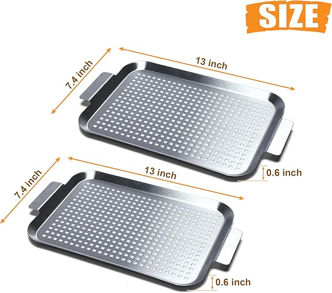 COOK TIME Grill Pan Set of 2, BBQ Grill Topper for Outdoor Grill, Stainless Steel Grilling Baskets with Holes and Handles, Perforated Food Tray Barbecue Accessories for Vegetable, Fish, Small x 2