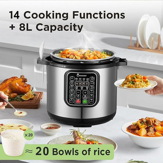 CAZACHEF 8qt stainless steel Pressure Cooker | 24-hour Presetting electric rice cooker, 14 in 1 slow cooker with temperature control | LED Multifunction Steamer, Food Warmer with nonstick pot