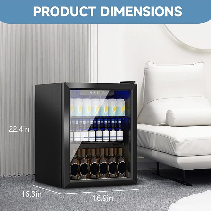 Stopasd Compact Beverage Refrigerator, 1.6 Cu.Ft/70 Can Drink Fridge, with Glass Door, Adjustable Shelves & Digital Display, Quiet Undercounter Small Fridge for Home/Office/Bar/Garage,Sliver