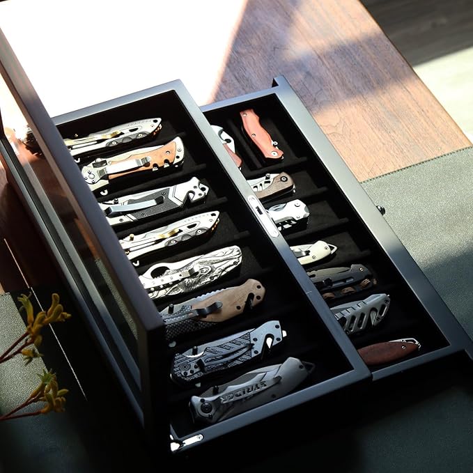 Bonaking Knife Display Case Two-Tier Pocket Knife Case Box Storage for 15-17 Pocket Knives Pocket Knife Collection Case Organizer for Men Gift (Ebony veneer 17 slot)