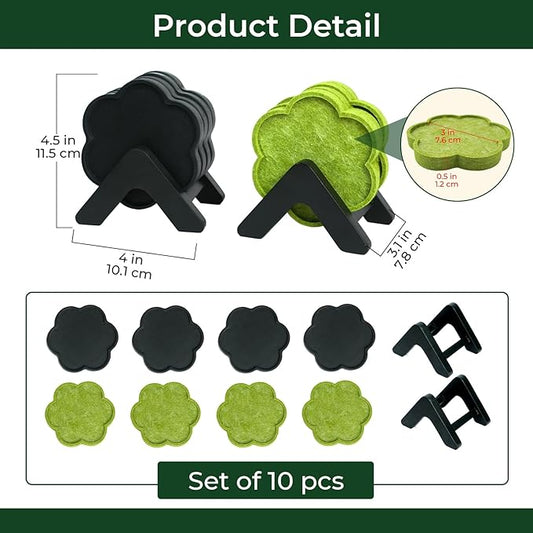 8-Piece Acacia Wood & Absorbent Felt Coaster Set with Stand, Decorative Flower Design - 4" Minimalist Drink Holders for Cold & Hot Drinks, Rustic Modern Decor for Bar & Office - Black