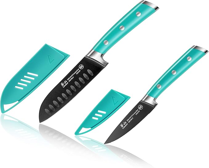 Cangshan S+ Series 1022117 German Steel Forged 2-Piece Titanium Coated Santoku Starter Knife Set with Sheaths, French Teal