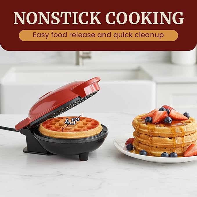 Elite Gourmet EWM015R# Electric Nonstick 4.5-inch Mini Waffle Maker, Belgian Waffles, Compact Design, Hash Browns, Keto, Snacks, Sandwich, Eggs, Easy to Clean, Red