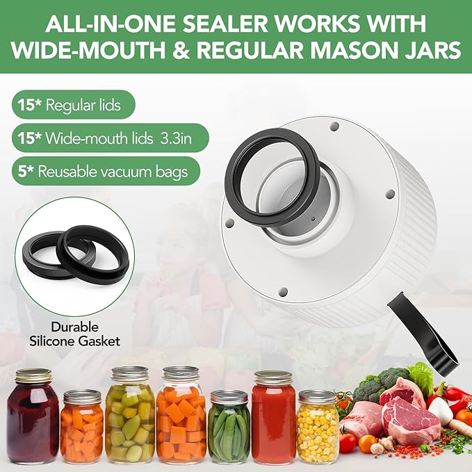 Electric Mason Jar Vacuum Sealer | 3 in 1 Vacuum Sealer for Mason Jars with 30 Lids (Wide/Reg)+5 Food Storage Bags,One-Tap Control,Mason Jar Sealer for Canning Pickling Meal Prep & Dry Goods