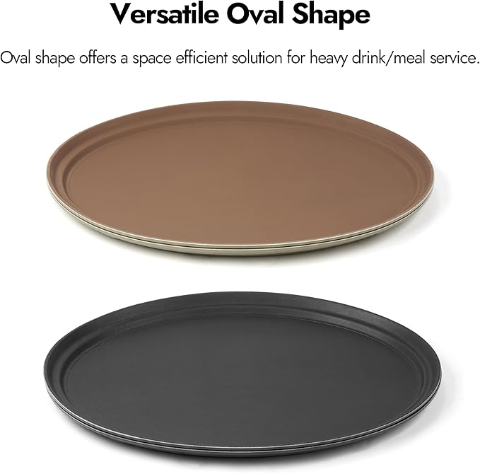 CURTA 2-Pack Restaurant Grade Non-Slip Tray, NSF, Oval 19-Inch x 23-Inch, Plastic Rubber Lined Round Serving Tray, Black