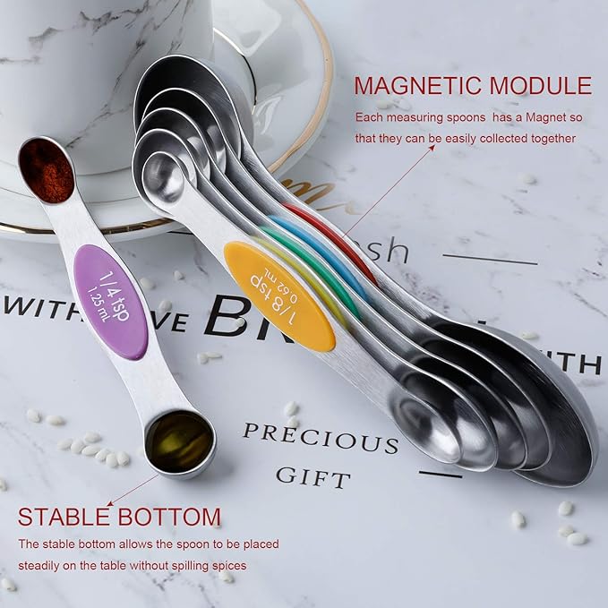 Magnetic Measuring Spoons Set Stainless Steel Stackable Dual Sided Teaspoons and Tablespoons for Measuring Dry and Liquid Ingredients Set of 6