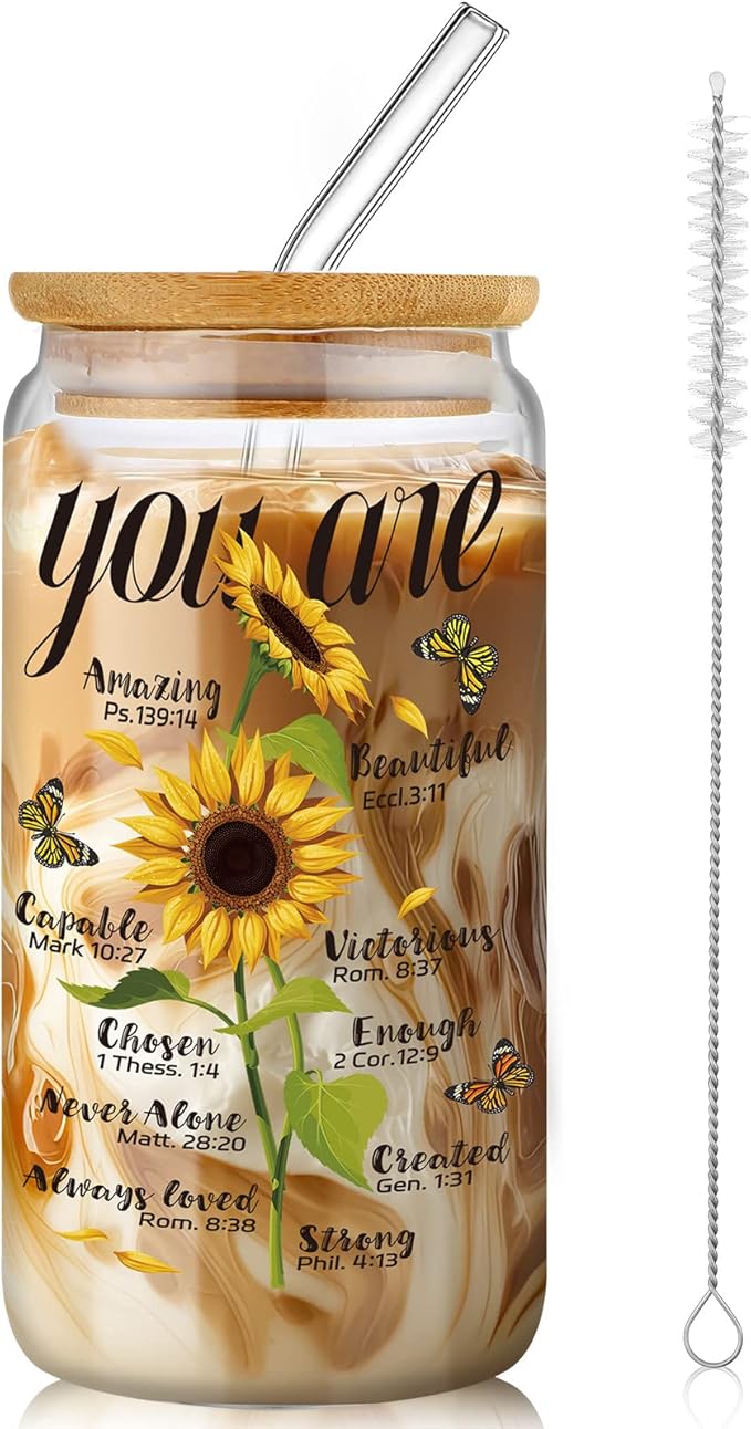 Lallisa Christian Sunflower Gifts for Women 15 oz Iced Coffee Glass Cups with Bamboo Lid and Straw Inspirational Bible Verse Can Cups Religious Sunflower Drinking Jars for Beer Mom Her Friend Wife