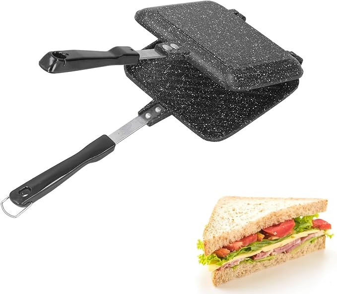 Cyrank Double Sided Frying Pan, Aluminum Hot Sandwich Panini Maker Grilled Cheese Maker Nonstick Sandwich Toaster Press Stovetop Flip Grill Pan for Home Kitchen
