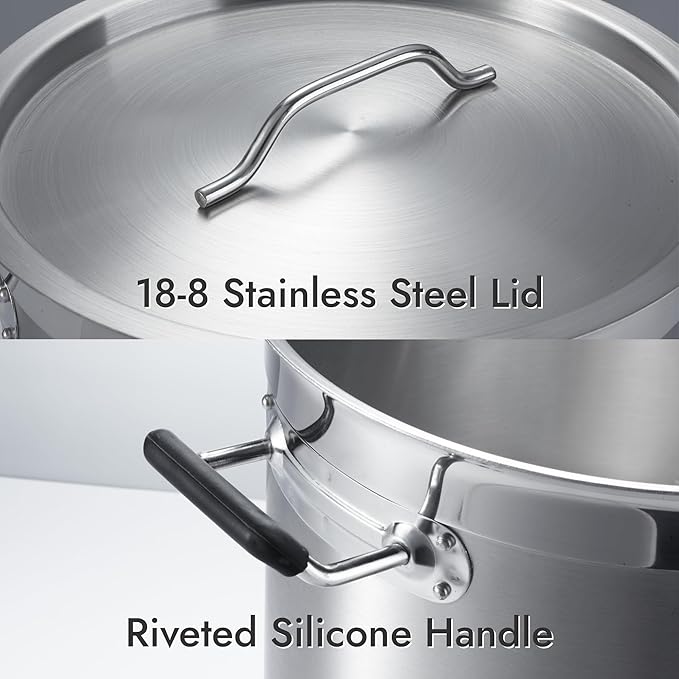 CURTA 12 Quart Large Stock Pot with Lid, NSF Listed, 3-Ply 18/8 Stainless Steel Heavy Duty Cooking Pot, Commercial Cookware for Soup, Stew & Sauce, Riveted Silicone Handle, Induction Ready