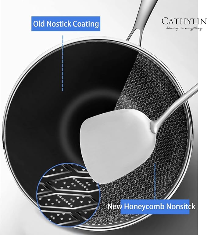 CATHYLIN 12.5" 316L Stainless Steel Honeycomb Non Stick Wok Pan Stir-fry Wok with Lid,Skillet with Stay-cool Handle PFOA Free Suitable for Induction, Ceramic, Electric, and Gas Cooktops