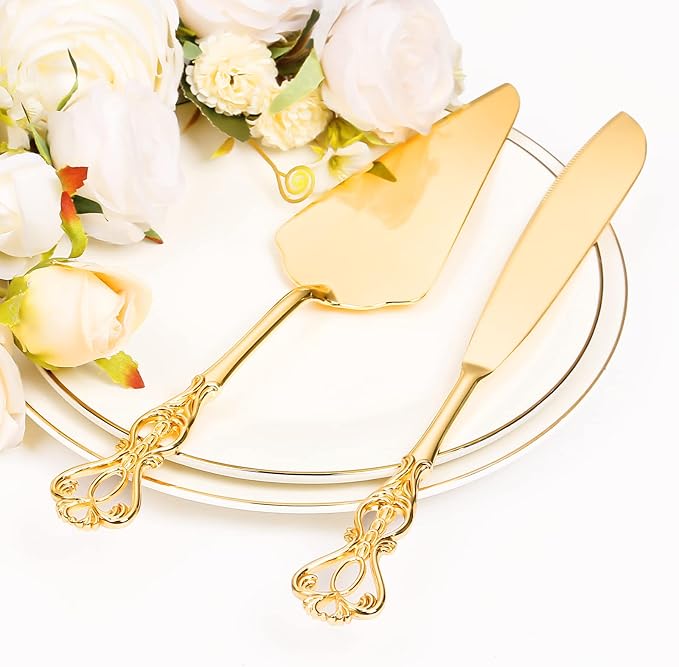 Cake Knife and Server Set for Wedding, Gold Cake Cutting Set, Elegant Cake Knives Cutter Set, Pie Pastry Servers, Birthday Bridal Quinceañera Gift (F-Crown)